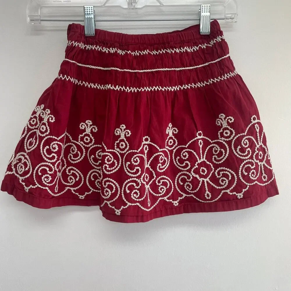 Mini Boden Girl's Red Smocking White Embroidered Skirt Sz 3-4 Yrs